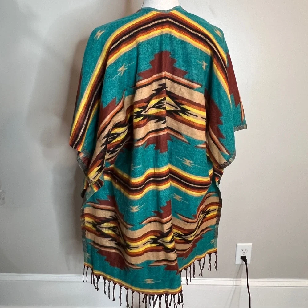Southwestern Print Soft Poncho Fringe Teal Yellow Festival Unisex One Size - Picture 4 of 10